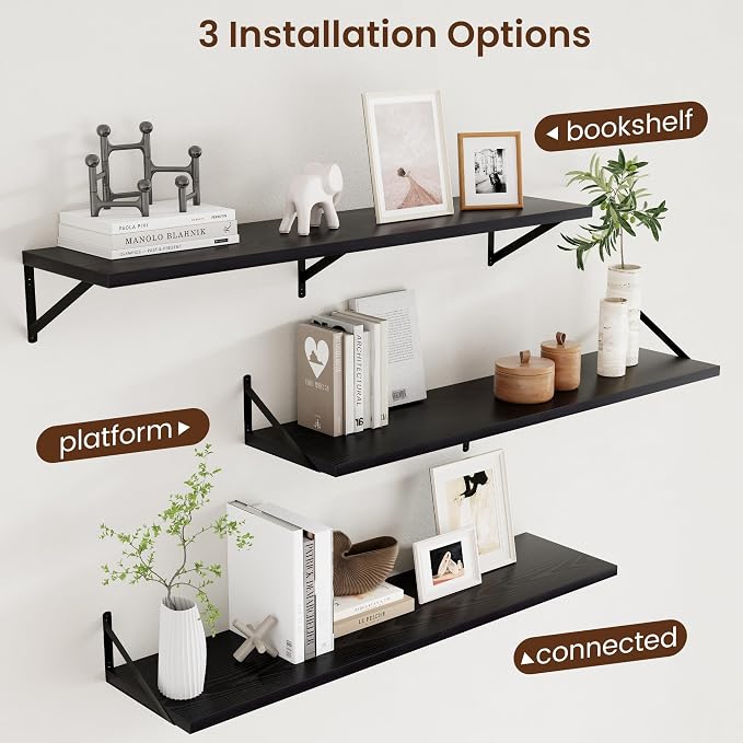 Axeman Floating Shelves for Wall Black- 48 Inch Wide x 12 Inch Deep Wall Shelves Set of 2 - Black Deep Wood Floating Shelves for Living Room Bedroom Laundry Room