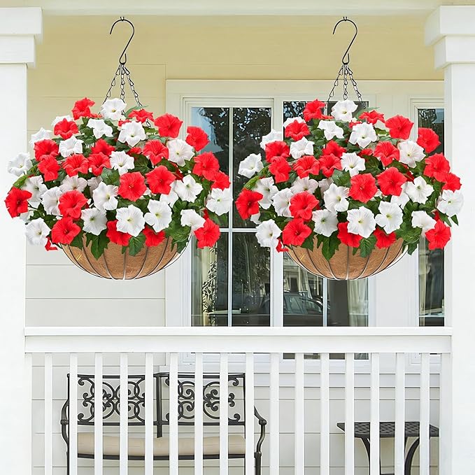 MARTINE MALL Artificial Flowers for Outdoors, 4 Bundles Realistic Fake Outdoor Flowers, UV Resistant Silk Petunia Flower for Outside Look Real Faux Flower Plants for Outdoor Porch Decor, Red White