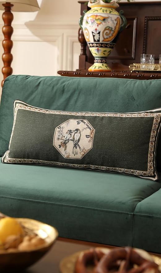 ISAENNE Vintage Elegant Linen Rectangle Throw Pillow Cover,28"x12"-Murad E | Designer French Green Pillow Cover,Concealed Zipper Design,Floral and Bird Pattern,Sofa,Bedroom,Living Room,Lounge Chairs