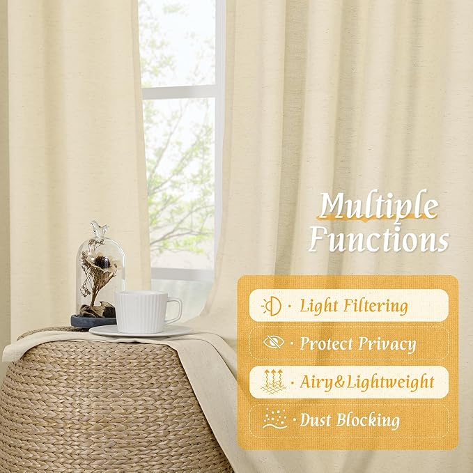 LAMIT Beige Linen Curtains 84 inches for Bedroom, Faux Linen Textured Light Filtering Drapes Rod Pocket Boho Burlap Semi Sheer Panels for Farmhouse/Living Room, 2 Panels, 52 x 84 Inch, Beige