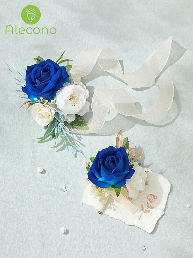Alecono Navy Blue Corsage and Boutonniere Set, Rose Corsage Wristlet with Adjustable Ribbon and Boutonniere Supplies for Wedding Graduation Prom Flower Accessories Suit Decorations