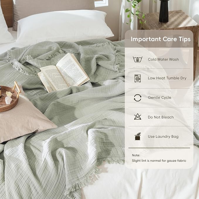 MooMee Muslin Blanket - 100% Cotton 4-Layer Gauze Throw Blanket with All-Around Fringe, Soft Breathable Lightweight Cooling Summer Blankets for Bed Couch(Sage Green,Oversize Queen 98" x 98")