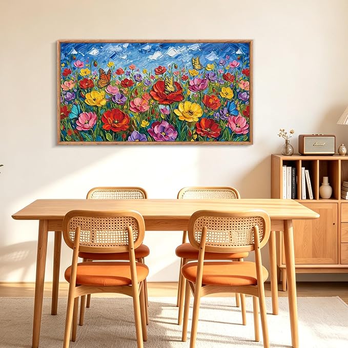 CHDITB 3D Floral Impasto Textured Poppy Framed Canvas Wall Art Set, Butterfly Wildflower Country Vibrant Spring Wall Decor, Bright Botanical Flower Art Prints for Bedroom Farmhouse Living Room 40"x20"