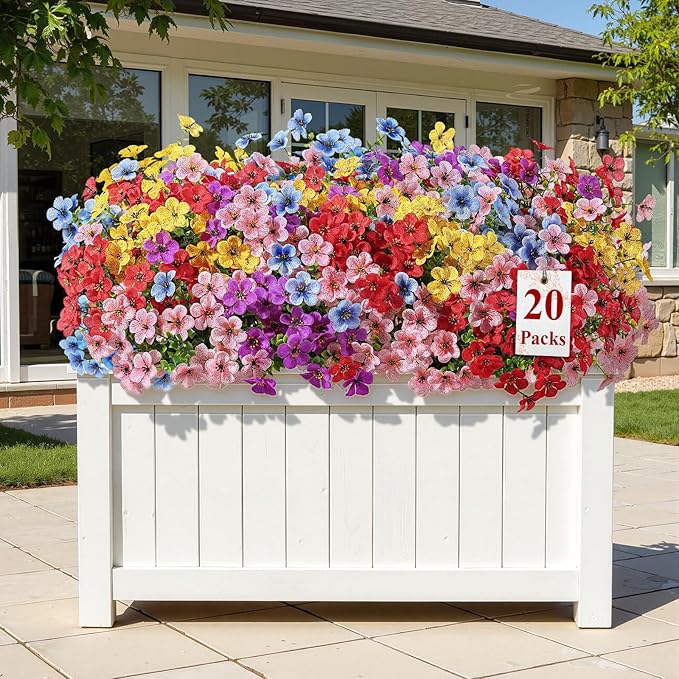 Alupssuc 20 Bundles Artificial Flowers for Outdoor Indoor Decoration, UV Resistant No Fade Fake Plants Eucalyptus, Colorful Faux Spring Flowers for Outside Yard Porch Patio Garden Home Window Box