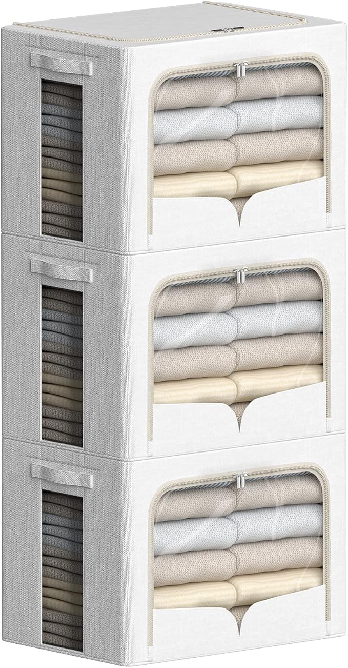 FHSQX 3 Pack Clothes Storage Bins with Metal Frame | 15.7x11.8x9.8inch (30L),Foldable, Stackable, Linen Fabric, Carrying Handles, Clear Window