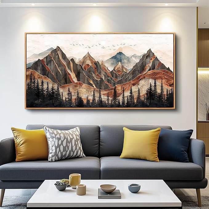 XIGUANGART Mountain Framed Wall Art, Long Horizontal Mountains Wall Decor, Pine Trees Nature Wall Painting, Modern Rustic Farmhouse Landscape Art Prints for Bedroom Office Decoration 20"x40"