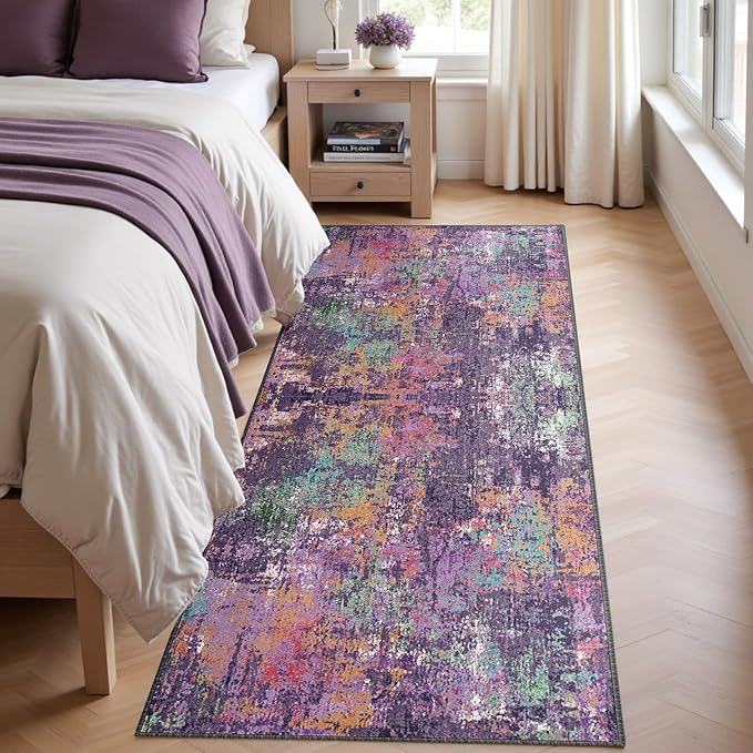 RELEANY Washable Area Rugs 2'x10' Non-Slip Modern Abstract Soft for Living Room Entryway Bedroom Nursery, Print Pattern, Purple Orange Blue Green Rust Red Colorful