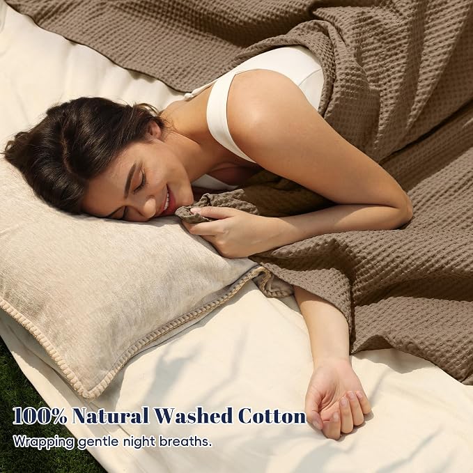 PHF Pre-Washed Cotton Waffle Weave Blanket Twin Size for Bed, Snag Proof Throw Blanket for Couch Spring Summer Lightweight Breathable, Oeko-TEX Certified, Machine Washable,Home Decor Gift-Walnut Brown