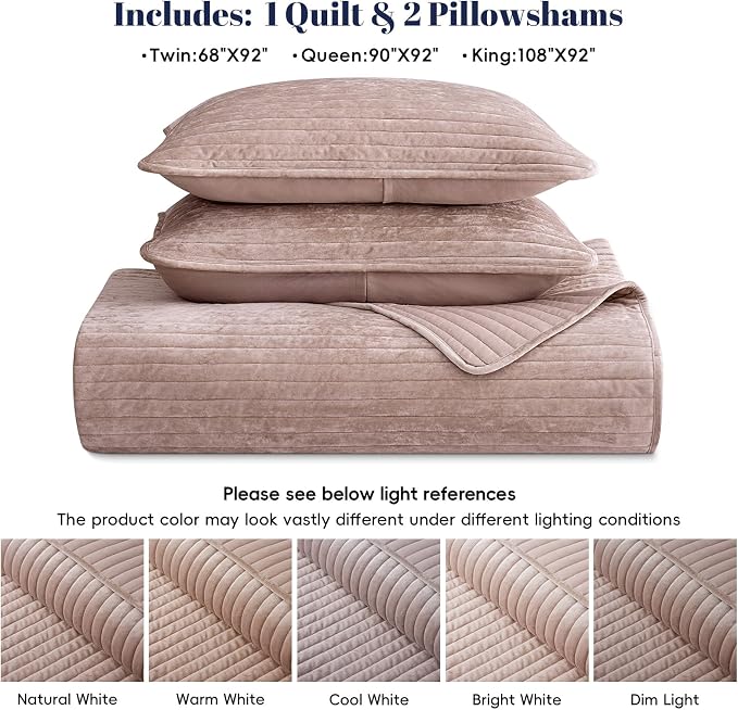 PHF Luxury Velvet Quilt Set King Size – 3PCS Ultra Soft Quilted Comforter Alternative with Striped Channel, Cozy Quilted Bedspread, 1 Coverlet with 2 Matching Shams, 108" x 92", Rose Pink