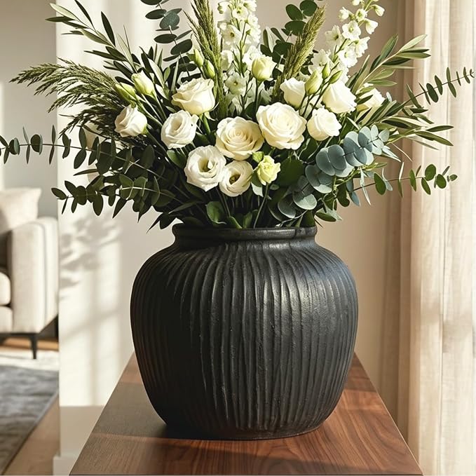 Oakrain Large Rustic Vase with Vertical Ribbed Texture, 11" Vintage Black Round Vase, Decorative Planter for Indoor, Table Centerpieces, Distressed Decor