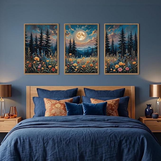 BICERE Large Nature Moon Wildflowers Framed Canvas Wall Art,Vintage Forest Flowers Wall Decor,Dark Mountain Night Painting,Wilderness Artwork for Living Room,Bedroom,Dining Room,Office -16"x24"x3