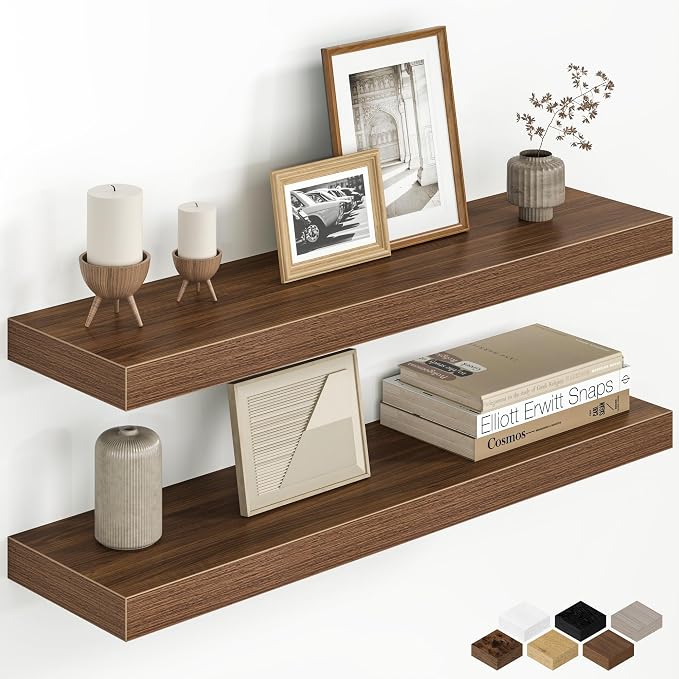 Fun Memories 30 Inch Floating Shelves for Wall, 8 Inch Deep Rustic Wood Wall Mounted Shelves with Invisible Brackets for Bathroom, Bedroom, Kitchen & Living Room Storage Decor, Walnut, 2 Pack