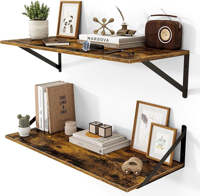 Heimlove Deep Floating Shelves for Wall, 28W x 12D Wood Wall Shelves Set of 2, Wide Floating Bookshelf for Living Room, Kitchen, Office, Bedroom and Decor Storage, with Metal Bracket - Rustic Brown