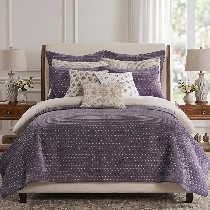 Levtex Home - Velvet Stitch Quilt Set - Twin Quilt and One Standard Sham - Cross Stitch Velvet - Plum with White - Quilt (68x86in.) and Sham (20x26in.) - Reversible - Polyester