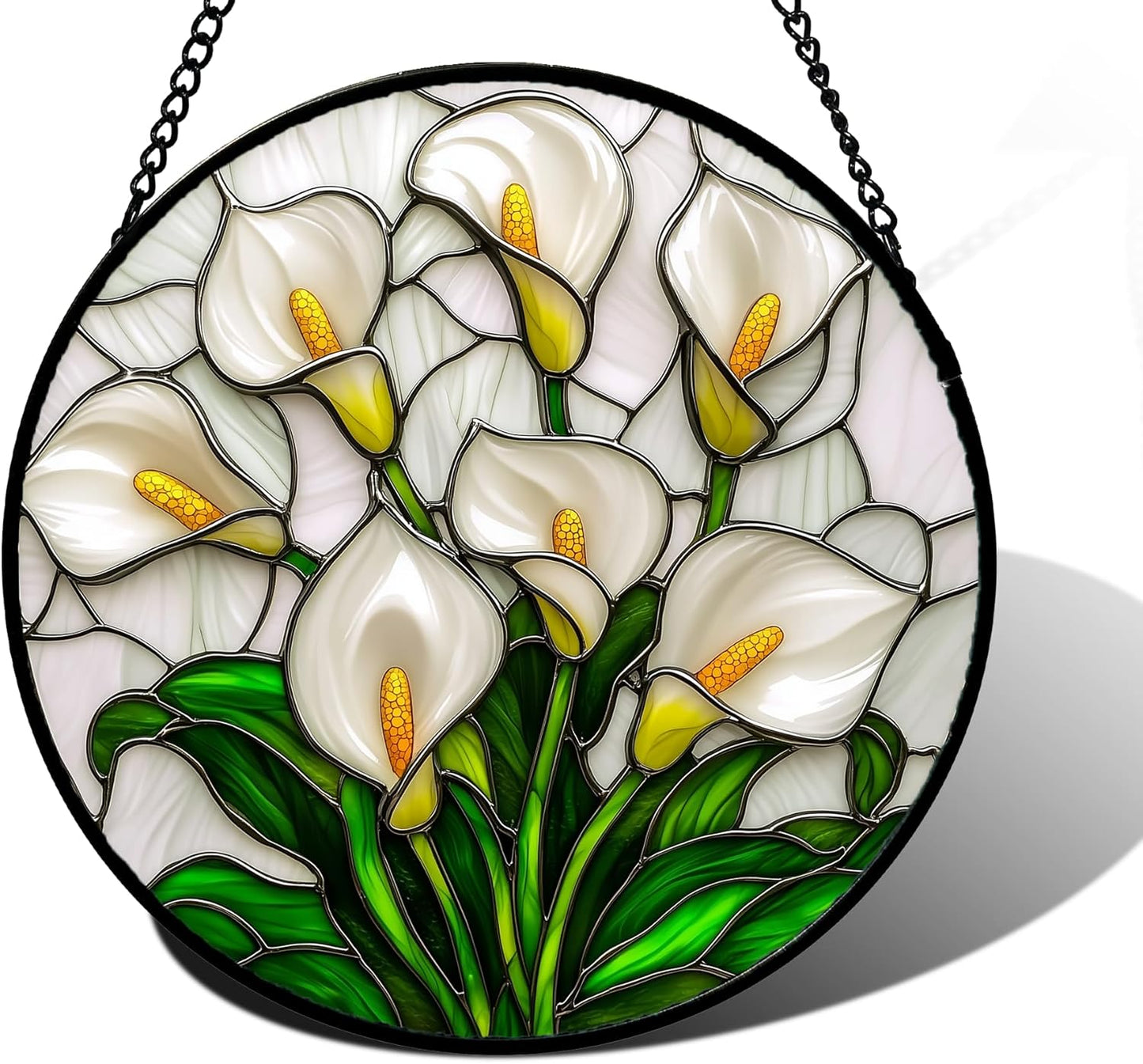 Stained Glass Window Hanging, White Calla Lily Suncatcher Diamond Glass Panel Hangings Flowers Sun Catchers Decor for Birthday for Women, Men, Wife, Aunt, and Mom 7.8 in