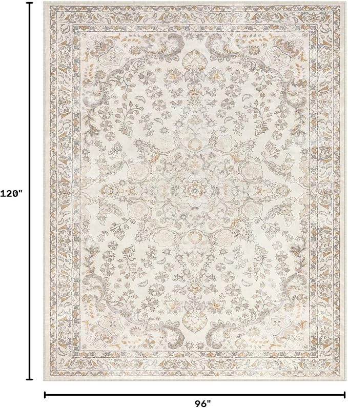 Wonnitar Washable Living Room Rugs, 8x10 Area Rugs for Room Decor, Beige Non Slip Ultra-Thin Soft Cozy Vintage Floral Distress Neutral Carpet for Bedroom Dining Room Farmhouse Playroom