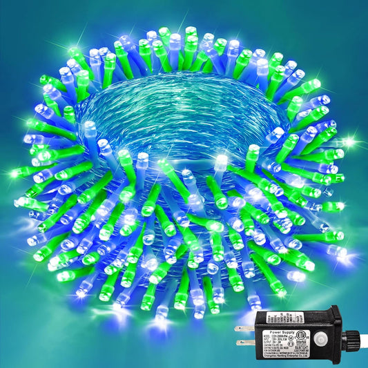 250 LED Blue Green Christmas Lights Outdoor Waterproof, 82ft Clear Wire Christmas Tree Lights 8 Modes Plug in Twinkle Fairy Lights for Indoor Christmas Bedroom Tree Decoration