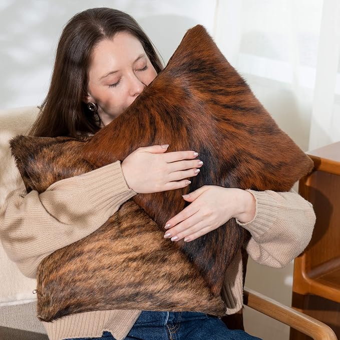 ecowhides 100% Genuine Brazilian Cowhide Pillow Cover – Brindle – Single-Sided – Luxury Leather Decorative Cushion for Rustic & Western Home Décor – 20” x 20”