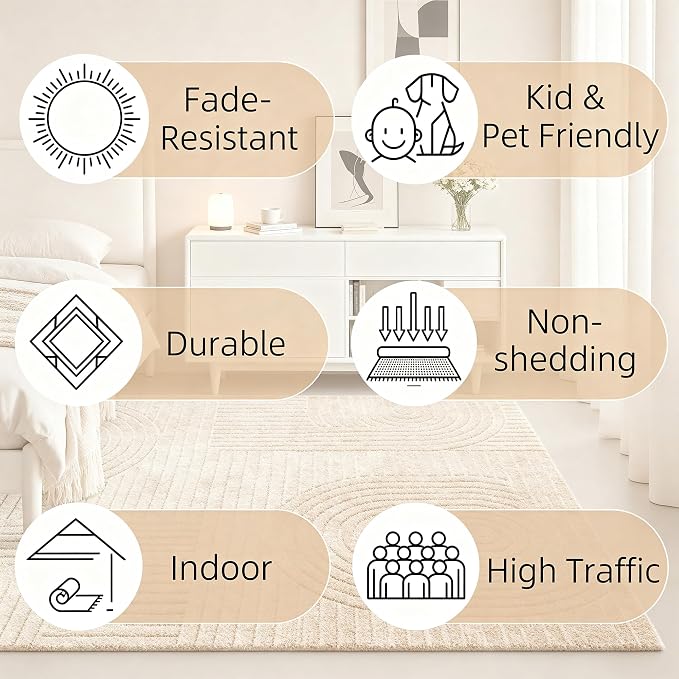 Brown Solid Area Rug 8x10 – Washable Living Room Rug, Ultra Soft Indoor Rugs for Bedroom, Modern Geometric Bohemian Pattern High-Low Pile Textured Carpet for House Apartment, Home Office Decor