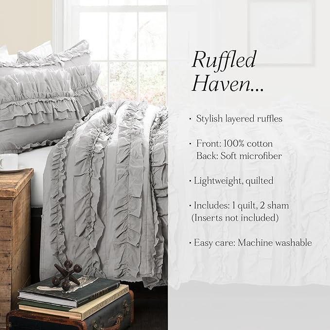 Lush Decor Belle Quilt Queen Size 3 Piece Set Full/Queen Light Grey - Ruffle Bedding Set - Cute Quilt - Coquette Decor - Queen Bedding