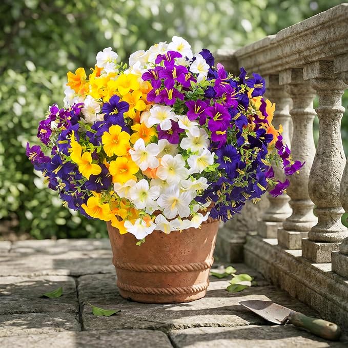 16 Pcs Faux Petunias Artificial Flowers For Outdoors, UV Resistant Fake Petunias Plants Realistic Silk Flowers for Porch Front Door Garden Window Outside Decor (16, White,Yellow,Purple,RedViolet)
