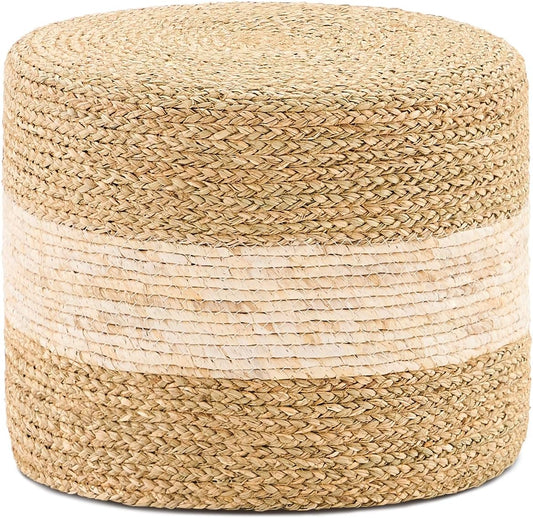 Handwoven Seagrass Ottoman Pouf, Round Outdoor Footstool with Sturdy Frame, No Assembly Needed, Boho Accent Stool for Indoor & Outdoor Use – Patio, Balcony, Living Room (Seagrass White)