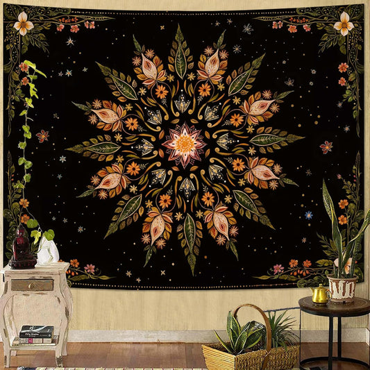 Fowocu Boho Floral Mandala Tapestry for Bedroom Aesthetic Vintage Bohemian Flower Wall Tapestry Black Green Hippie Indian Large Tapestries Wall Hanging for Living Room Dorm Decor 80 x 60 Inch