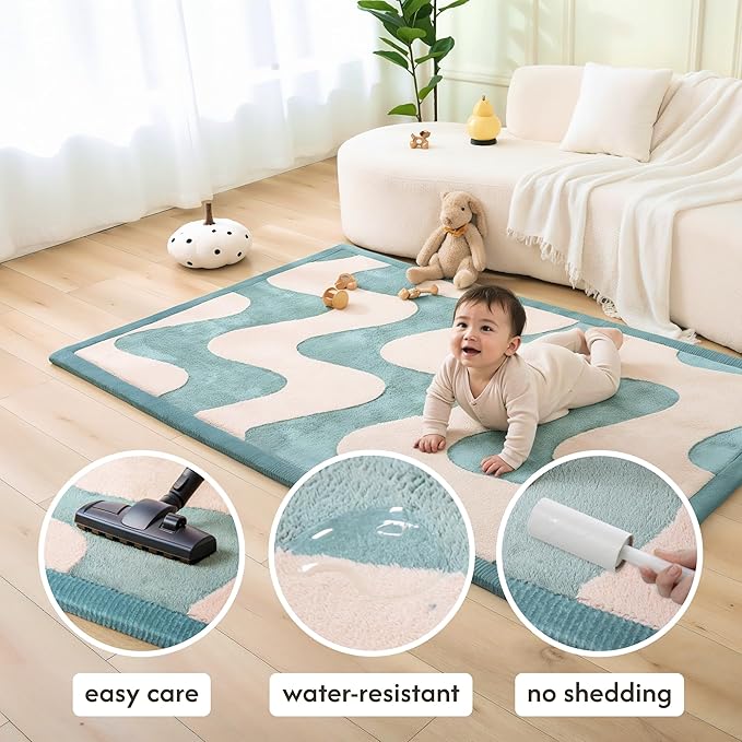 Hakuna Matte CloudRise Baby Play Mat for Floor 60" x 80" Waves – Coral Velvet Memory Foam Rug for Crawling & Cozy Play – Non-Slip, Water-Resistant, Easy-CareTummy Time Mat, Playmat for Playpen