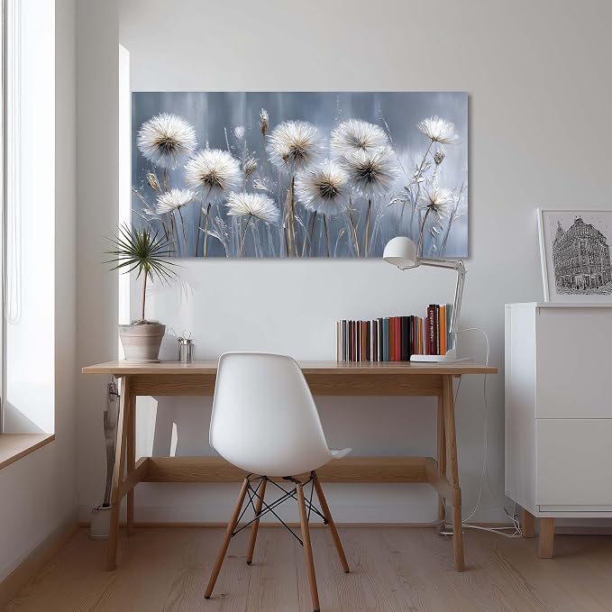 Ggaafet White Dandelion Wall Art for Living Room Canvas Oil Painting Prints Beautiful Dream Flower Floral Blooming Art Deco Modern Artwork Office Bedroom Family Dining Room Decor Extra Large