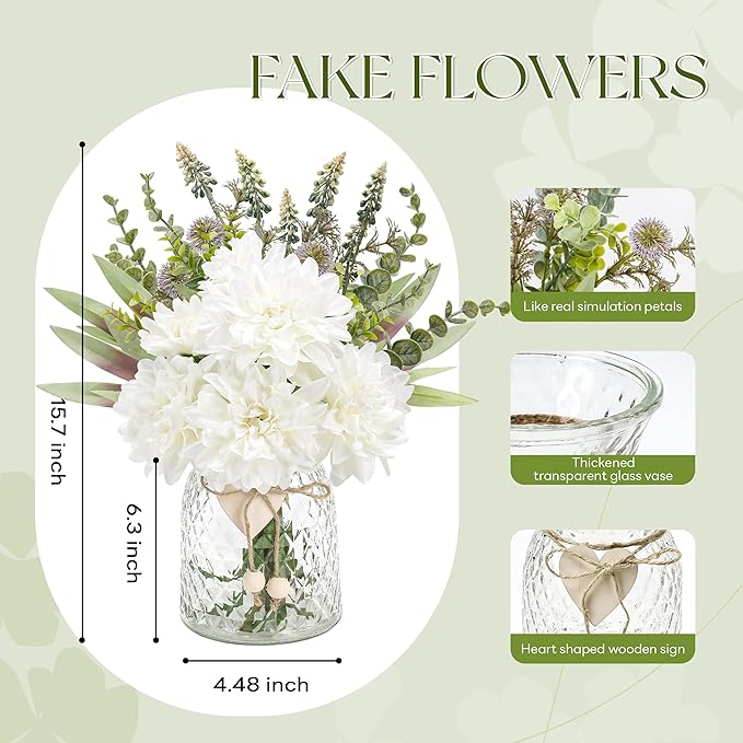 Der Rose Fake Flowers in Vase Silk Artificial White Flowers Arrangements with Glass Vase for Dinning Coffee Table Centerpieces Home Kitchen Farmhouse Wedding Decor