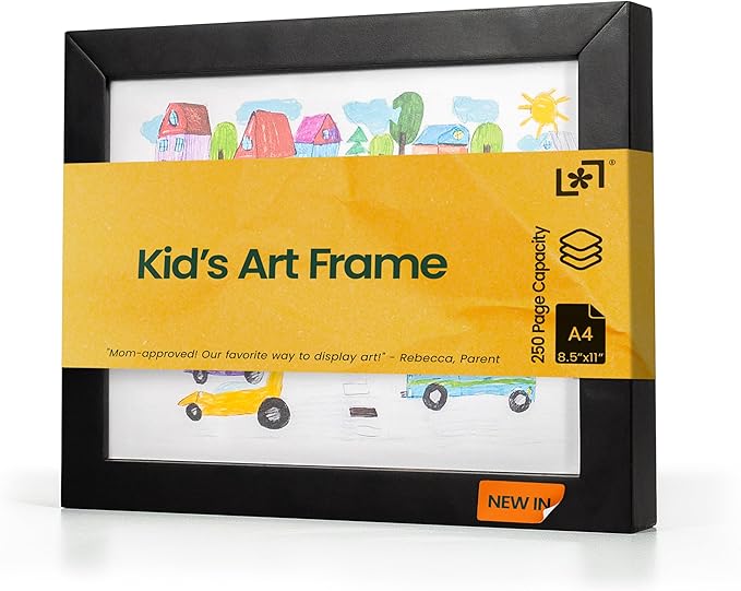 Magnetic Kids Art Frame 8.5x11 – Lift-Top Real Wood Artwork Display & Storage – Strap-Free Changeable Frame Holds 250 Drawings – Freestanding or Wall Mounted - Black