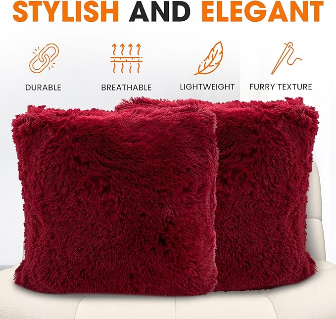Cheer Collection Throw Pillows for Couch and Bed, Soft Shaggy Throw Pillows with Inserts Included, Cozy Long Hair Faux Fur Pillows - Set of 2-18" x 18" - Maroon