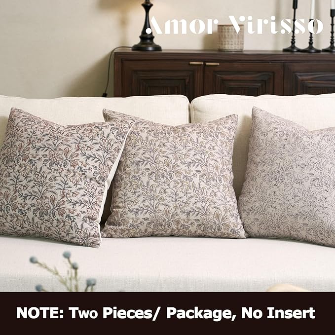 Amor Virisso Floral Throw Pillow Covers 20x20 Set of 2 Vintage Block Print Pillow Covers Decorative Pillow Covers Couch Pillows for Living Room Farmhouse Accent Sofa Pillows, Yellow/Sand