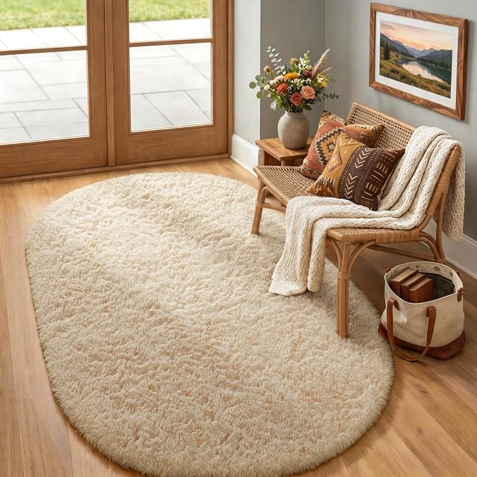 Ophanie 4x6 Oval Beige Rugs for Bedroom Living Room,Fluffy Fuzzy Furry Carpet,Plush Soft Shaggy Bedside Indoor Floor Area Rug for Kids Girls Boys Baby Teen Dorm Decor with Over 99 pcs Pile fibers