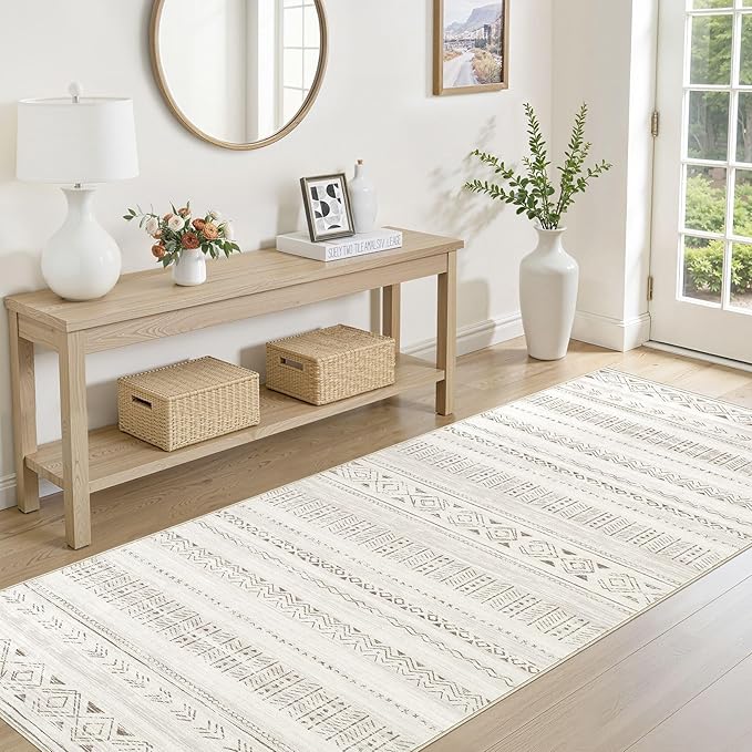 cotiled Hallway 3x12 Runner Rugs: Washable Boho Rugs with Non Slip Backing Large Soft Indoor Stain Resistant Carpet for Living Room Bedroom Farmhouse Dining Room Lightweight Home Decor L Brown/Cream