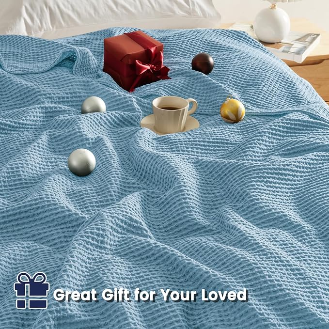PHF Pre-Washed 100% Cotton Waffle Weave Blanket Twin Size for Bed,Snag Proof Throw Blanket for Couch Spring Summer Lightweight Breathable,Machine Washable, Home Decor Gift - Dusty Blue