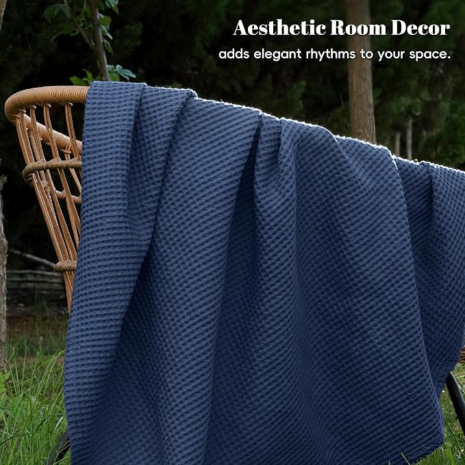 PHF Pre-Washed 100% Cotton Waffle Weave Blanket King Size for Bed,Snag Proof Throw Blanket for Couch Spring Summer Lightweight Breathable,Machine Washable, Home Decor Gift - Navy Blue/Bright Blue