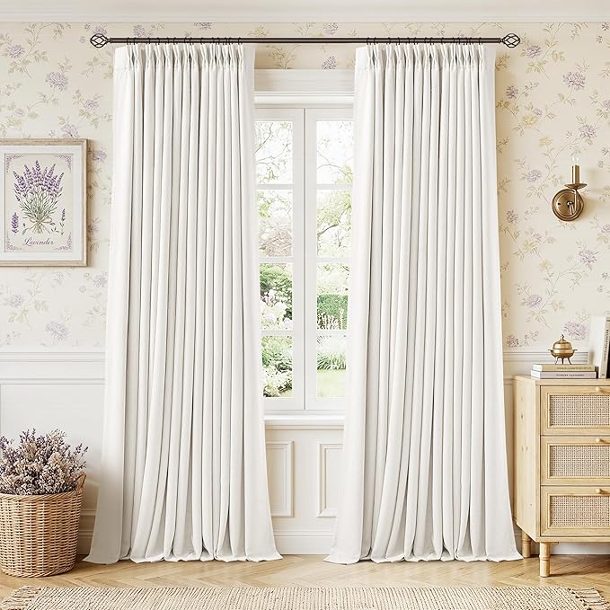 Cream White Pleated Blackout Curtains 120 Inches Long 2 Panels for Bedroom Living Room Darkening Neutral Memory Shape Pinch Pleat Black Out Heavy Duty Insulated Ivory Curtain Drapes with Liner