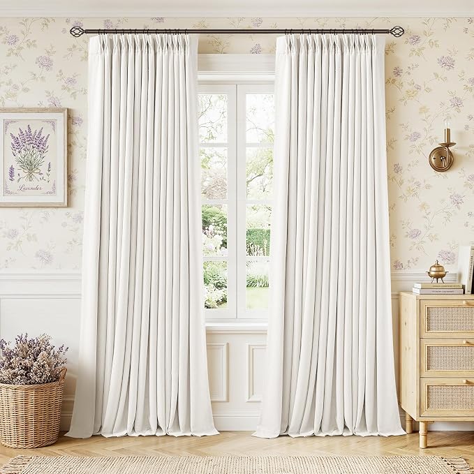 Pinch Pleated Blackout 102 Inch Bedroom Curtains 2 Panels Set Linen Dual Layer Soundproof Farmhouse Window Drapes for Living Room with Back Tab 100% Black Out Window Drapes Ivory Cream Off White