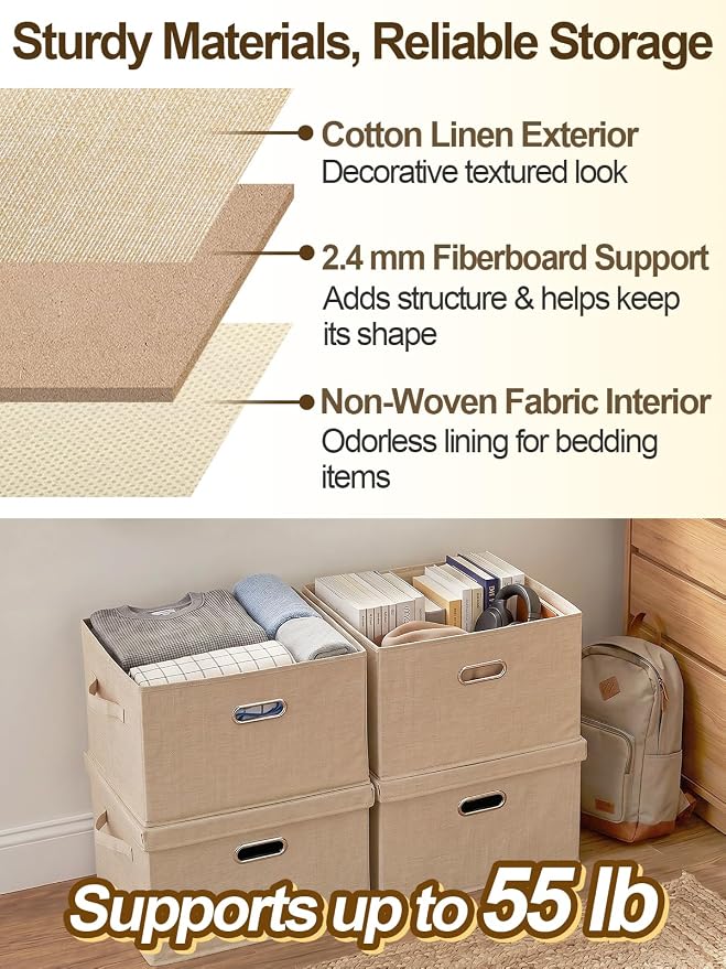 MADHOLLY 4 Pack Stackable Sturdy Dorm Room Storage Bins with Lids - 27qt Easy to Assemble Collapsible Fabric Cube Storage Boxes with Handles, Under Bed/Closet Organizers, Beige