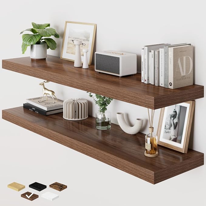 RICHFOCUS 48 Inch 12" D Floating Shelves for Wall 2 Pack Long Wall Shelves for Room Wall|Large Wood Hanging Shelf with Invisible Brackets for Bathroom Bedroom Kitchen Laundry Room, Walnut