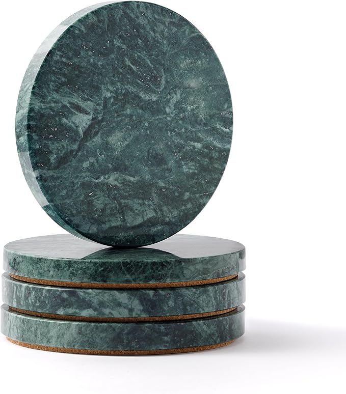 Natural Marble Coasters Set of 4-4" Round Stone Drink Coasters, Non-Slip Cork Backing, Housewarming Gift, Wedding, Protect Tables from Stains & Scratches Green (WH115)