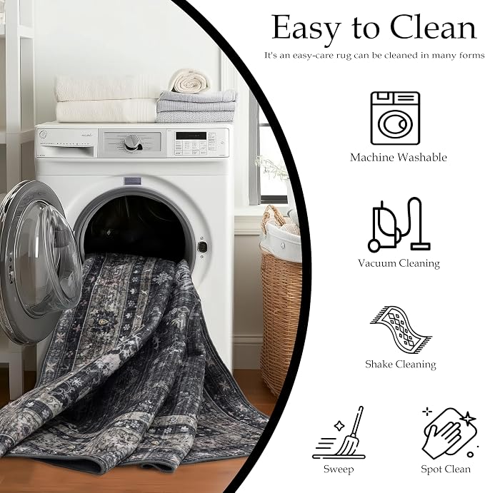 Ruaruarug Washable Area Rug 8x10 for Living Room, Bedroom, Ultra Soft Non Slip Stain & Fade Resistant, Pet & Kids Friendly, Suitable for High Traffic Areas Easy to Clean for Office Kitchen, Black Gray
