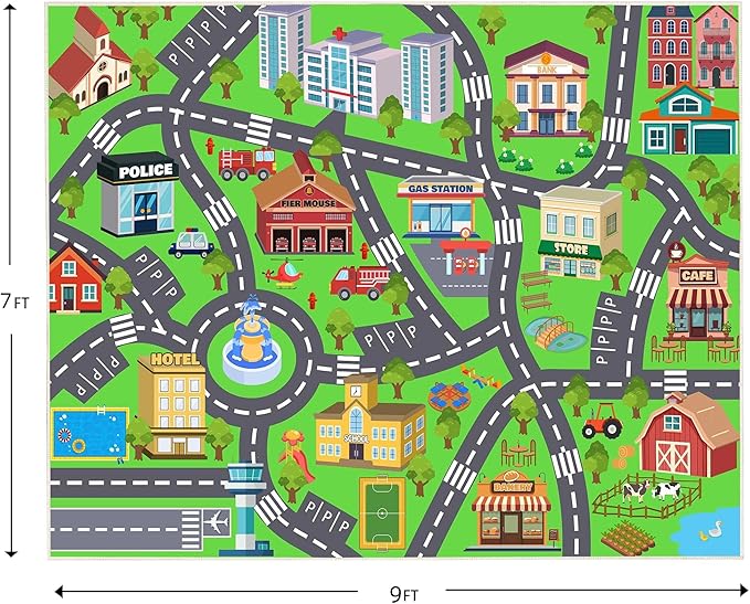 Kids Room Rug - Soft & Non-Slip 7x9 Ft Town Car Rug City Map Play Mat, Childrens Road Catpet Washable Rug for Classroom Nursery Bedroom Boys