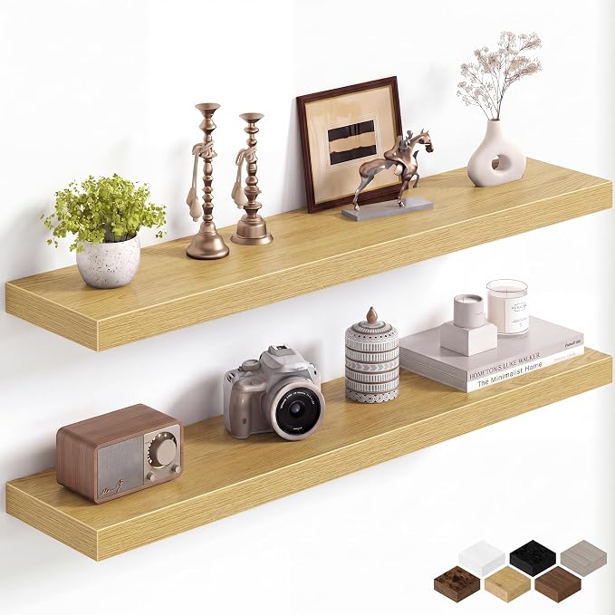 Fun Memories 40Inch Floating Shelves for Wall, 8 Inch Deep Shelves for Bathroom|Bedroom|Kitchen, Large Wall Mounted Wood Hanging Shelf with Invisible Brackets for Home Storage Decor, Oak - 2 Pack