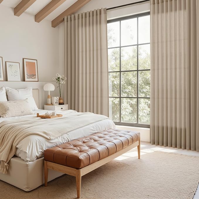 Sepia Beige Linen Curtains 90 Inches Long for Living Room Rustic Farmhouse Decor Light Filtering Semi Sheer Curtain Back Tab Rod Pocket Neutral Modern Luxury Drapes for Bedroom Office 52x90, 2 Panels