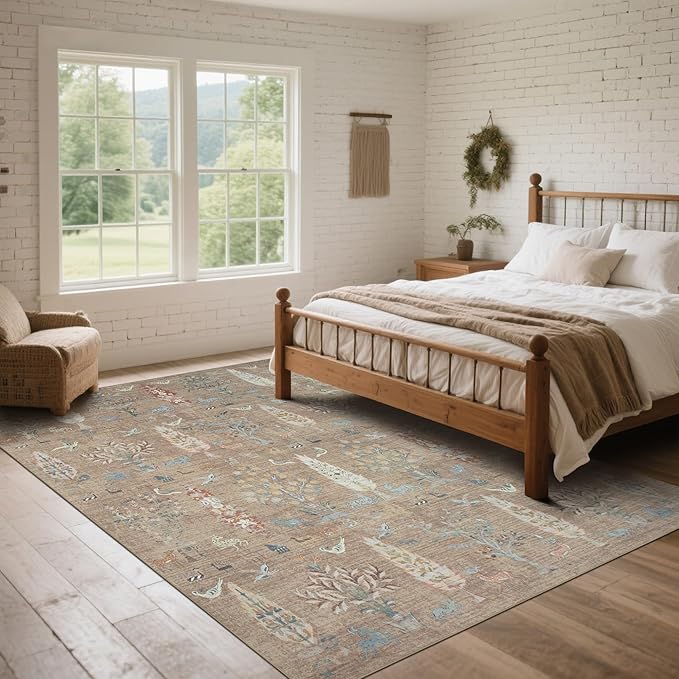 Srugn Washable Rugs 8x10 Area Rugs for Living Room,Bedroom,Dining Room-Large Ultra Soft Faux Wool Retro Carpet,Non Slip&Non-Shedding Low Pile Vintage Print Rug for Home Office Dorm Playroom-Terracotta