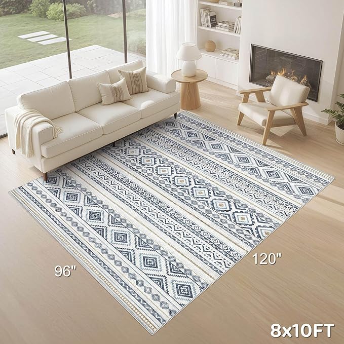 cotiled 8x10 Area Rug Living Room: Washable Boho Rugs with Non Slip Backing Large Soft Indoor Stain Resistant Carpet for Bedroom Farmhouse Dining Room Lightweight Home Decor Blue