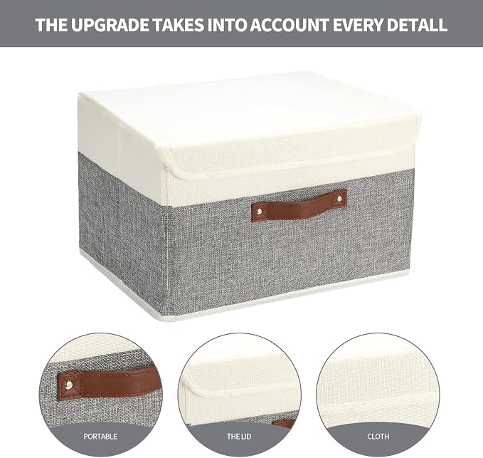9 Pack Decorative Storage Bins Containers & Fabric Bins with Lids Storage Baskets for Shelves Drawers, Desktop, Closet, Playroom, Classroom, Office, Bedroom, Home, Garage (white/grey, 14.9X10X10)