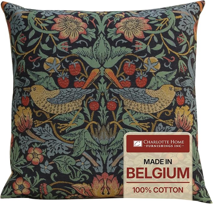 Charlotte Home Furnishings Inc Blue Strawberry Throw Pillow Covers 18x18, European 100% Cotton Jacquard Woven Fabric, Boho & Vintage Inspired Decorative Cushion for Living Room and Sofa
